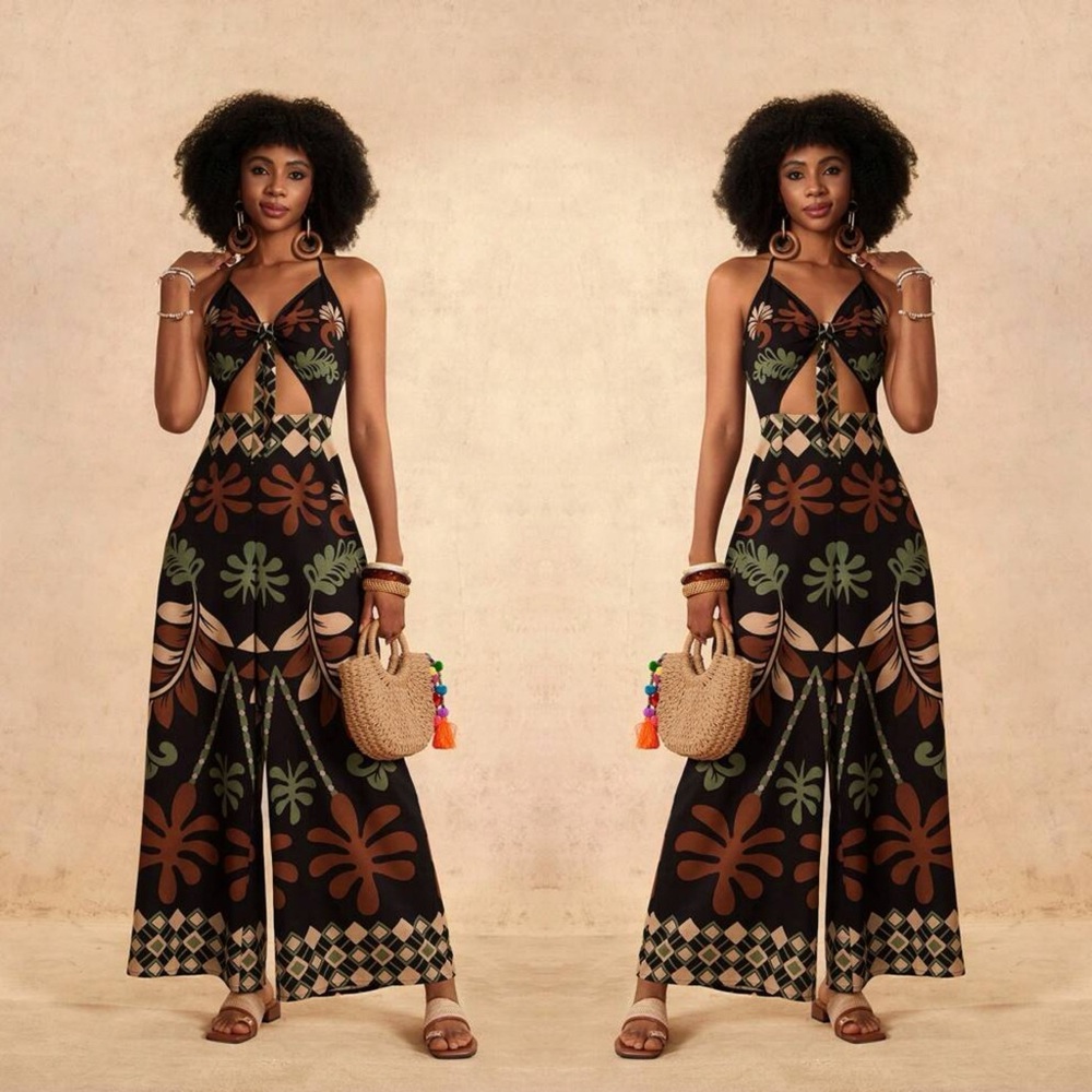 - NWOT Elegant Black and Brown Patterned Jumpsuit